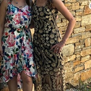 Gorgeous bebe Black and Gold Floral Midi Dress sequined flower details size 4